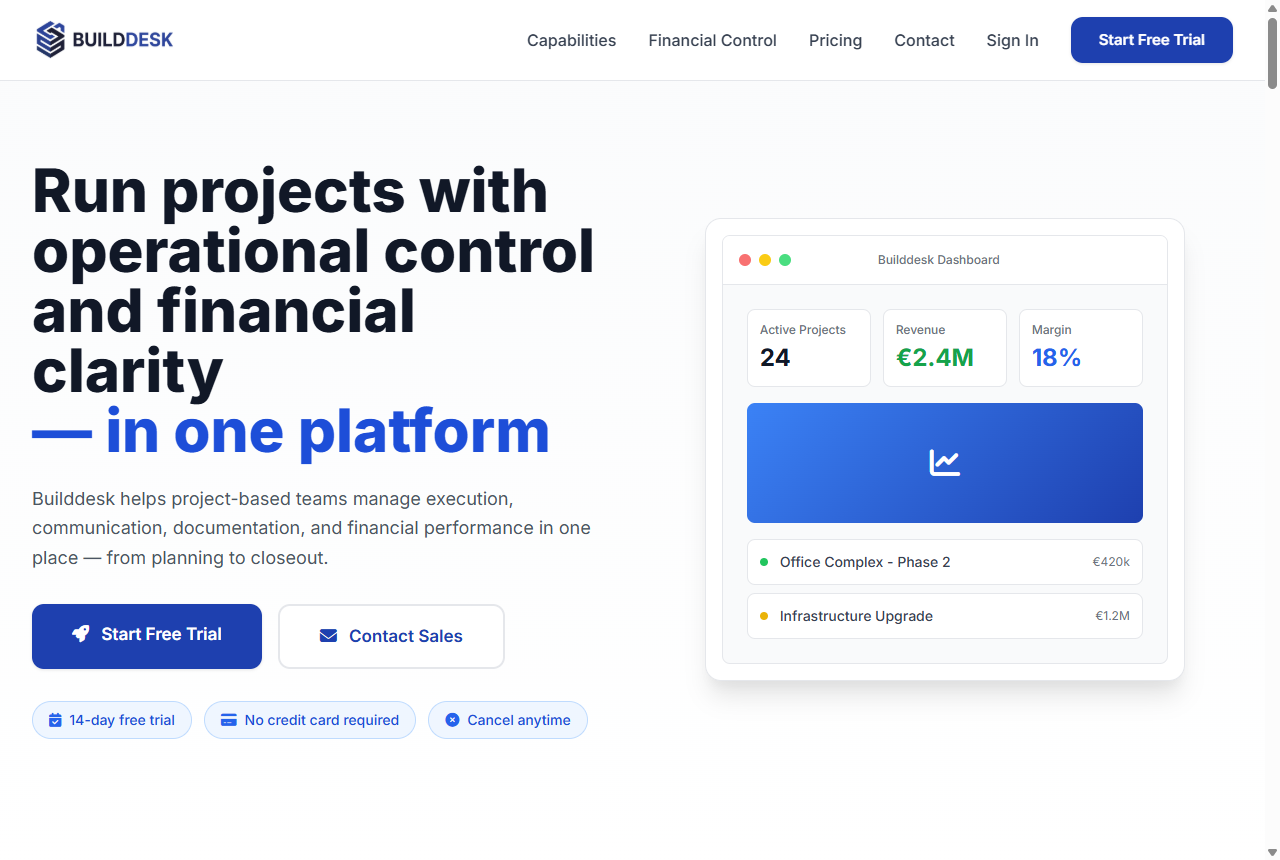 The Builddesk dashboard — active projects, revenue and margin metrics.